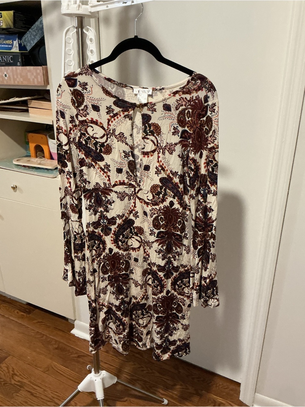 VENUS Cream Dress with Burgundy Paisley Print - Long Sleeve